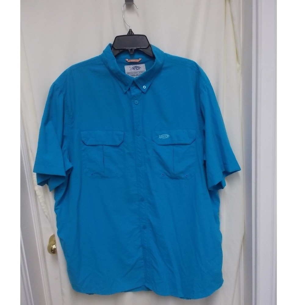AFTCO Mens XL Blue Short Sleeve Vented AFTECH Fishing Shirt Button Down
